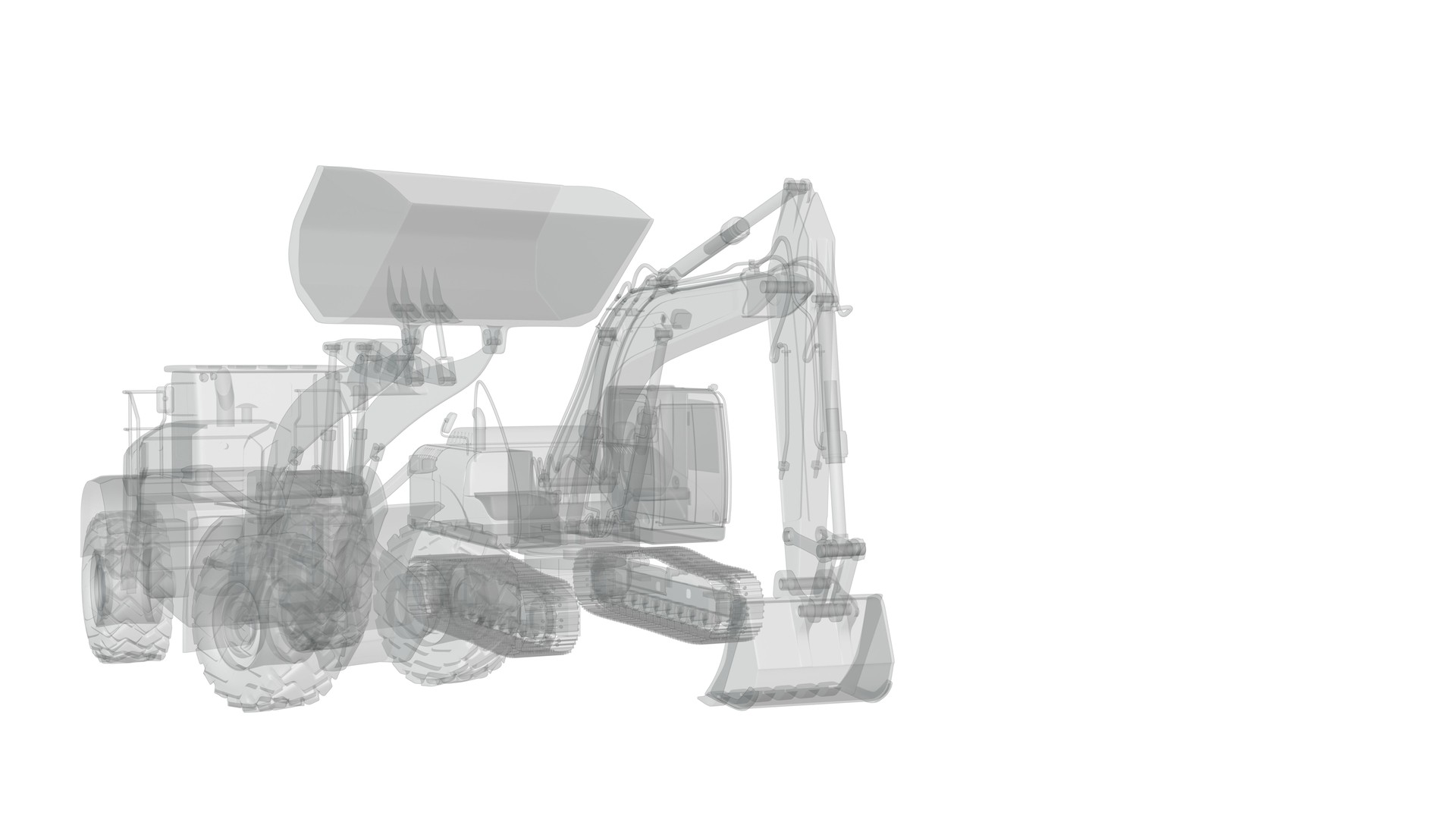 heavy construction machinery, wheeled and tracked excavator, abstraction, 3d render